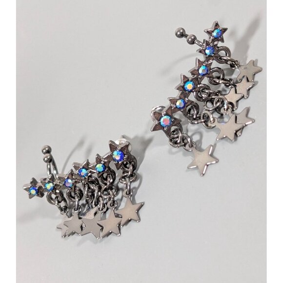 Gray Metallic Star Charm Rhinestone Ear Climber Cuff Pierced Celestial Goth - Picture 1 of 6